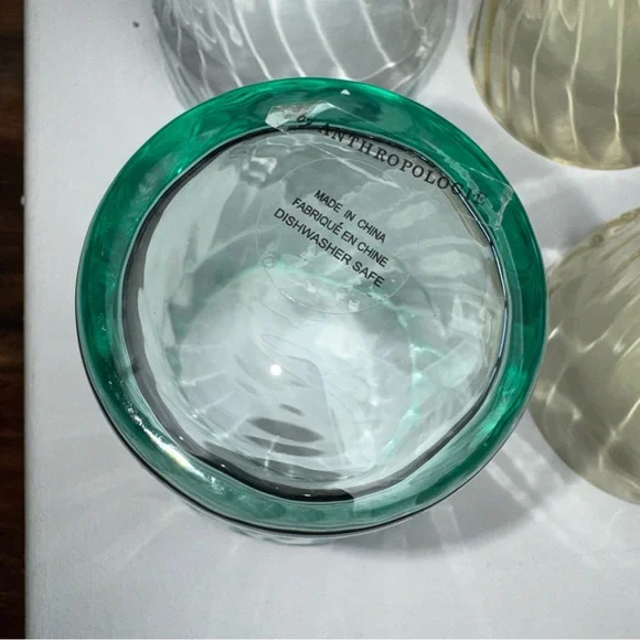 Set Of 6 ANTHROPOLOGIE Glasses 3 Green & 3 Amber Swirl Picnic Juice 3.75” EXC! - Picture 3 of 16